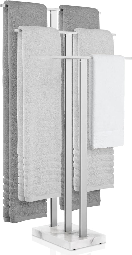 KES Heavy Marble Base Standing Towel Rack, 3-Tier Stainless Steel, Polished | Freestanding Design, No-Drill Assembly, Tiered Bars For Bath Sheets, Bath Towels, Hand Towels, Anti-Slip Pads