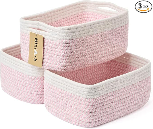 MiniArk Small Storage Baskets for Organizing | Closet Organizer Bins | Shelf Toy Basket | Woven Rope Baskets | Cube Decorative Box | Shallow Basket | 13x8.5x5.1” | 3 Packs White Pink