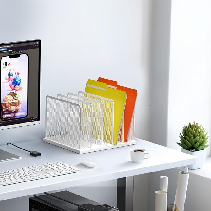 Kuntine.B 5-Section Upright Desk File Organizer White 1 Pack | Vertical, Mesh, Metal, Assembly, Stability, Sturdiness, Organization, Standing