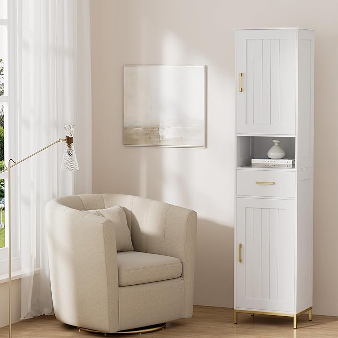 Homhedy 67" H Bathroom Storage Cabinet, Tall Bathroom Cabinet, White | Narrow Cabinet with Doors and Drawer, Adjustable Shelves, Floor Cabinet for Bathroom, Living Room, Kitchen, Dining Room