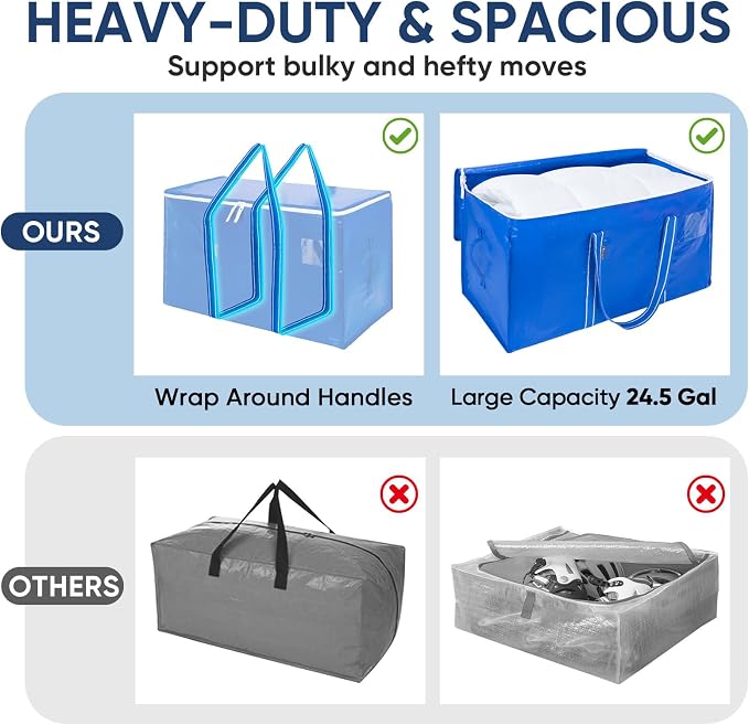 BALEINE 4-Pack Oversized Moving Bags with Reinforced Handles, Heavy-Duty Storage Tote for Clothes, Moving Supplies (Royal Blue, 4-Pack)