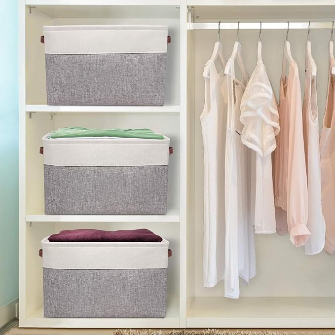 Univivi Fabric Storage Baskets for Shelves,15X10.5X9.5 Inch,Gray,4 Pack | Large Capacity,Metal Frame,Hard Cardboard Bottom,Foldable,Linen Closet Baskets with PU Handles