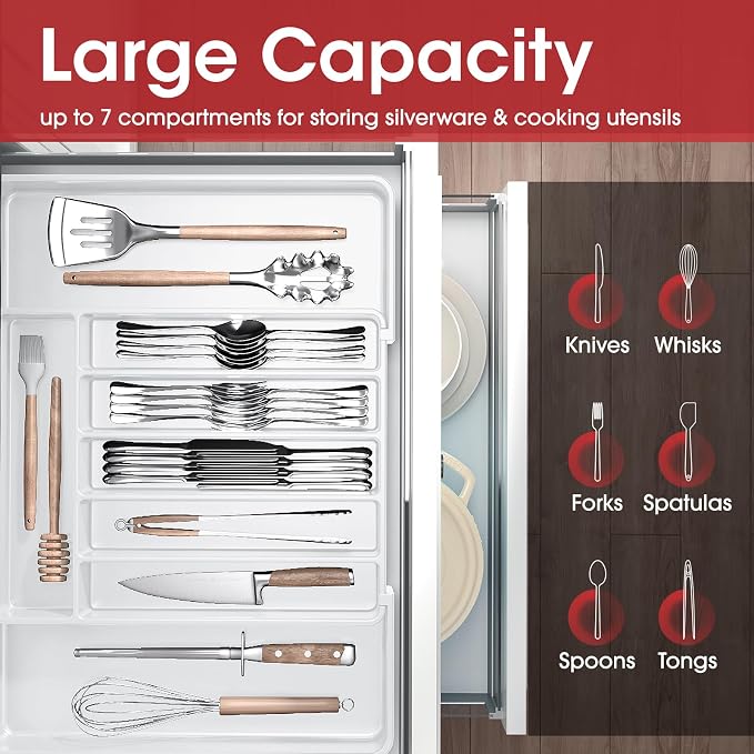 Aujen Silverware Drawer Organizer, Adjustable Utensil Cutlery Tray | Expandable Kitchen Organizer for Forks Knives, Multipurpose Kitchen Storage, Apartment Essentials, White, Large