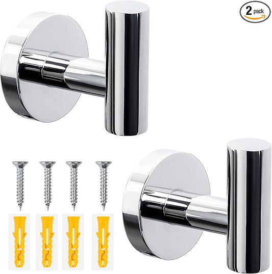 Towel Hooks for Bathroom 2 Packs Screw- in Chrome Finish Wall Mount Towel Holder Towel Rack, Heavy Duty Robe Coat Loofah Hooks for Shower, Kitchen,Hotel, Pool Tile, Brick Modern Style Decor Wall Hooks