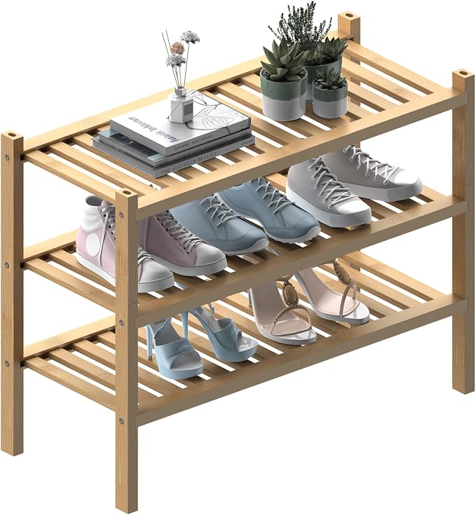 ROMGUAR CRAFT (Thick Bamboo Shoe Rack for Entryway, 3-Tier Free Standing Shoe Racks Stackable Shoe Rack Organizer for Hallway Closet Living Room 27 x12 x21 Inches