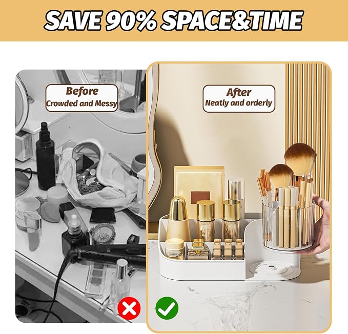DASITON Large Capacity Makeup Organizer with 360° Rotating Makeup Brush Holder, Perfume and Skincare Storage Organizers for Vanity Bathroom Countertop, Cosmetic Display Case (White, 1 Tier)