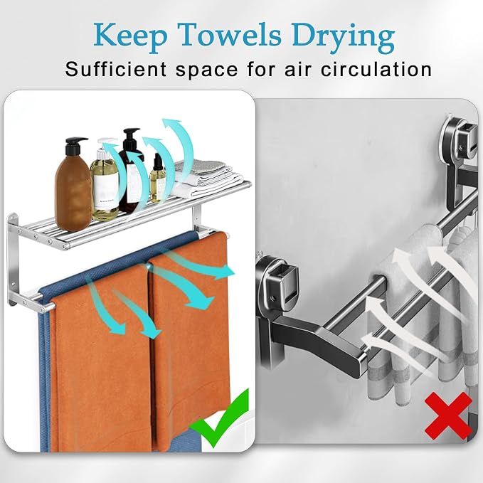 VOTZAAQ Towel Racks for Bathroom - 24 in Bath Towel Shelf with Double Towel Bar, Stainless Steel Towel Storage for Lavatory Wall Mounted, 2-Tier Towel Hanger Towel Holder, Brushed Nickel