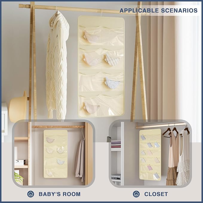 26-Pocket Hanging Closet Organizer for Socks and Underwear, Beige | Non-woven clear compartments keep bras & leggings visible; swivel hook fits wardrobe, closet rod, wall, door or shelves.