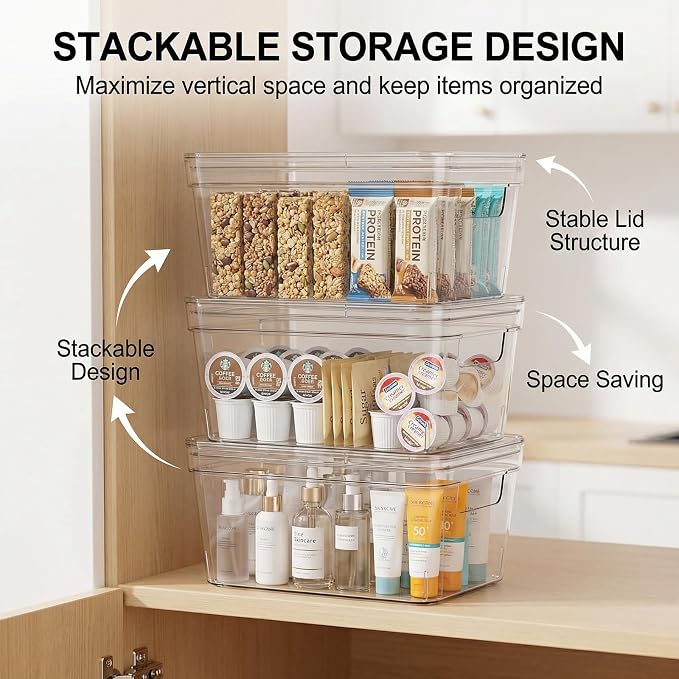 MOONEDGE 2 Pack 10x6x5 Stackable Small Clear Storage Bins with Lids | Plastic small item organizer containers with handles for vanity, craft, office, fridge, kitchen, pantry, bathroom and closet