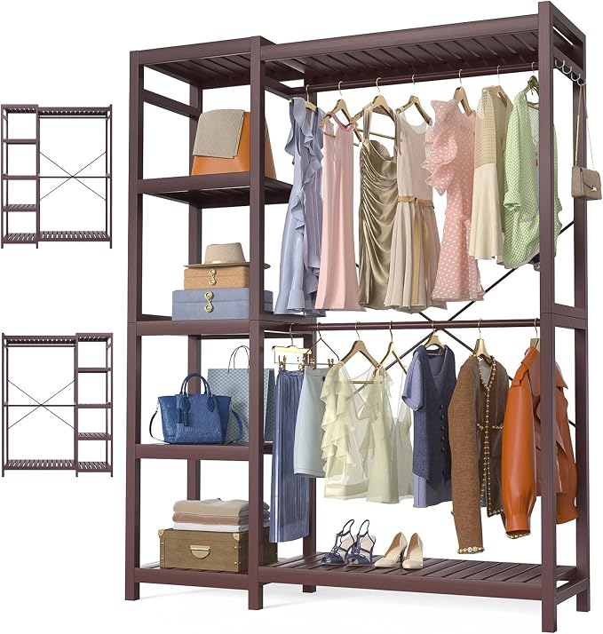 Bamboo Clothes Rack Garment Rack for Hanging Clothes, Heavy Duty Clothing Rack with 7 Tiers Adjustable Shelves, Double Rods, 4 Hooks, Freestanding Closet System Organizer Wardrobe, Espresso