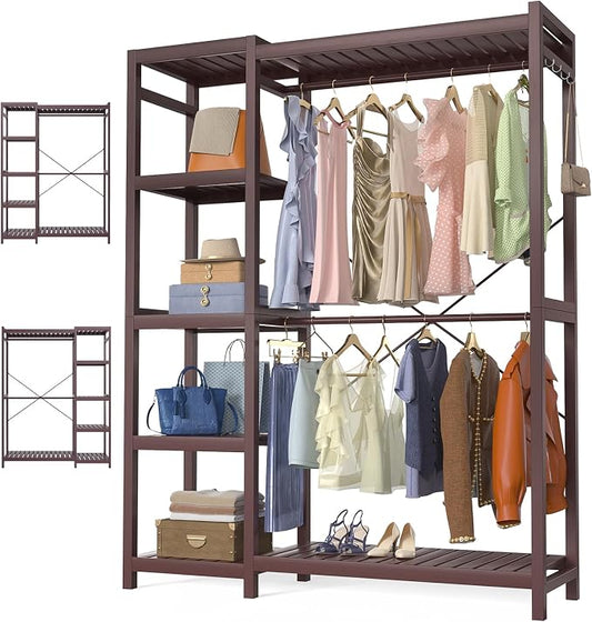 Bamboo Clothes Rack Garment Rack for Hanging Clothes, Heavy Duty Clothing Rack with 7 Tiers Adjustable Shelves, Double Rods, 4 Hooks, Freestanding Closet System Organizer Wardrobe, Espresso