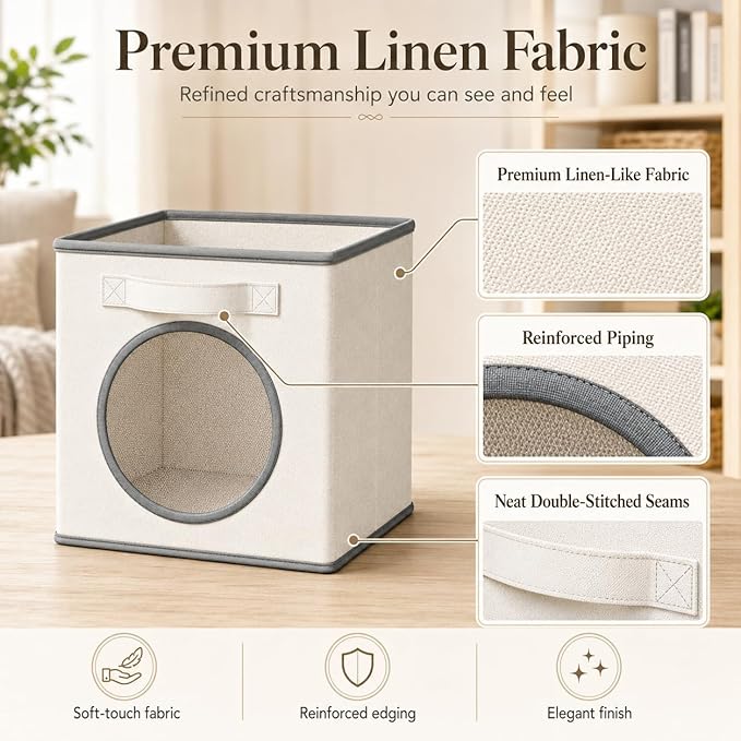 Fabric Storage Cubes with Mesh Window, 11'' Cube Storage Bin, Ivory, 4 Pack | See through Round window, Foldable Odor-Free & Sturdy PP Structure, Cubby Baskets for Closet, Shelves, Bedroom and Offices