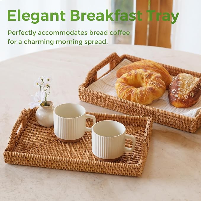 Rattan Serving Tray with Handles, Natural Woven Wicker Tray for Breakfast | Rattan Serving Rectangle Wicker Trays for Decor Coffee Table, 14.5" × 10"