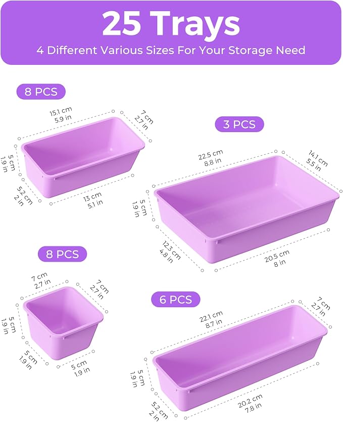 BiuLeon 25 PCS Plastic Drawer Organizers Set, 4-Sizes Vanity and Makeup Organizer, Desk and bathroom Drawer Organizer Trays, Organizers and Storage for Makeup, Jewelry, Gadgets, Utensils (Purple)