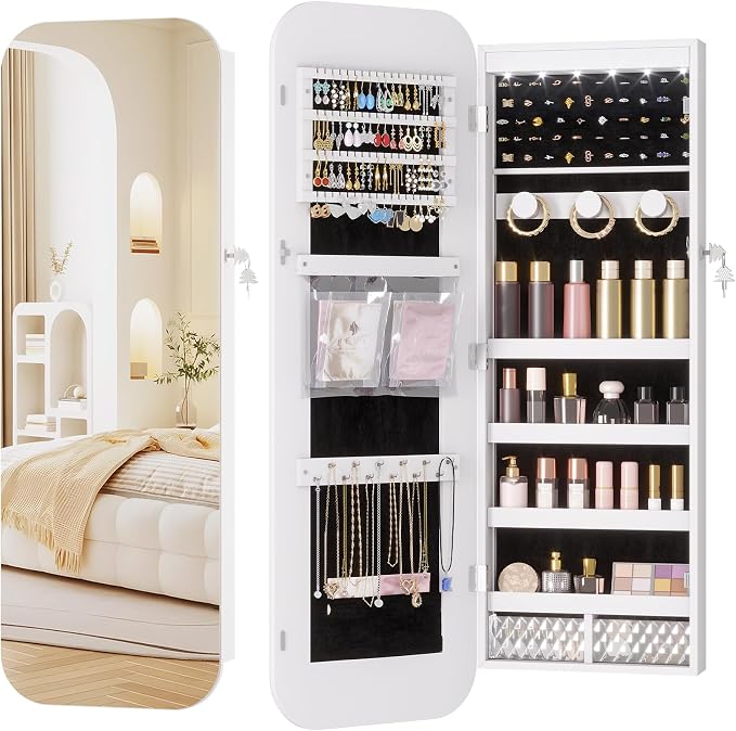 6 LEDs Mirror Jewelry Cabinet Door Hanging, 42.5", Lockable, White | Jewelry Organizer with Full Length Mirror, Wall Mounted Large Jewelry Storage for Earrings, Rings, Necklaces