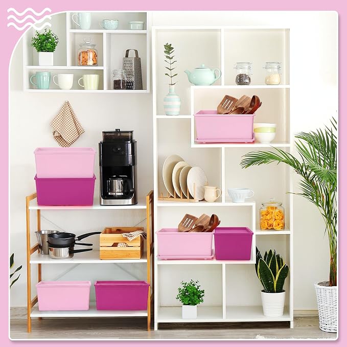 6 Pcs Storage Bins with Lids Small Plastic Storage Containers Stackable Storing Baskets Box Cute Organizer Bins for Organizing Shelves (Pink Series)