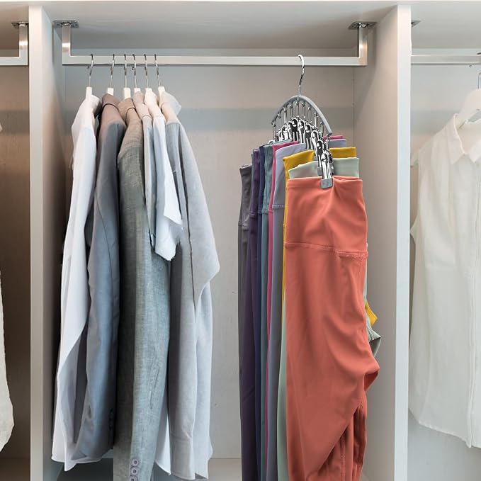 Volnamal Legging Organizer for Closet, Metal Yoga Pants Hanger w/Rubber Coated 1 Pack w/10 Clips Hold 10 Leggings, Hangers Space Saving Hanging Closet Organizer for Closet Organizers and Storage-Gray