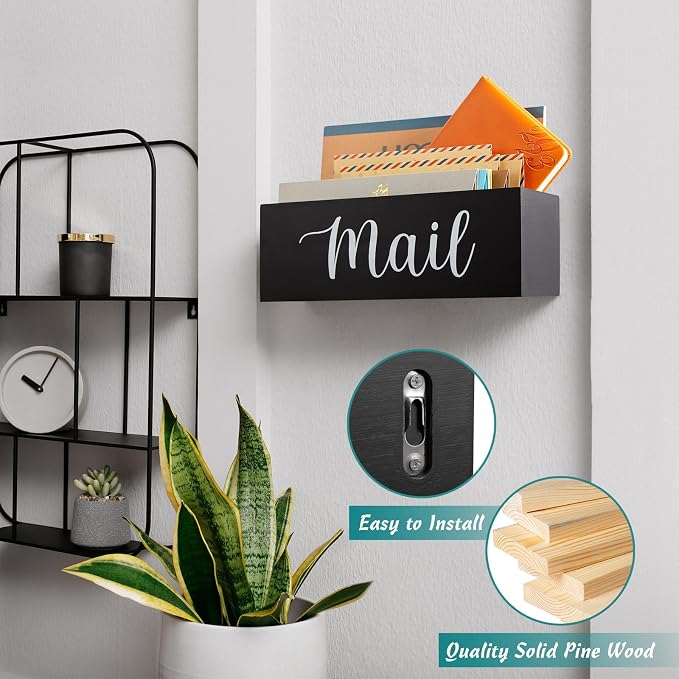 DRASTAR Mail Organizer, Mail Holder with 2 Slots, Mail Basket for Wall Table Countertop, Wood Desk Mail Organizer, Black Envelope Holder for Home Office Decor