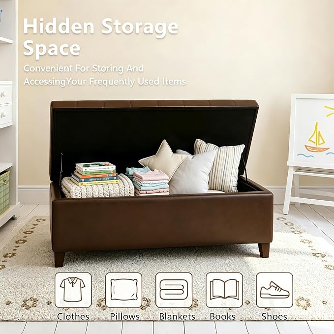 Joveco Storage Ottoman Bench, 51 Inch Leather Tufted Bench for End of Bed, Bedroom, Living Room, Brown