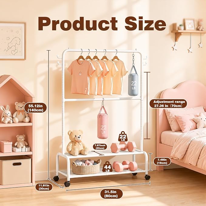 Rolling Kids Clothing Rack: 360° Wheels 2 Lockable for Easy Moving | 44 lb Hanging Capacity Metal Garment Rack with 2 Storage Shelves & 4 Hooks for Baby Toddler Young Kids, White