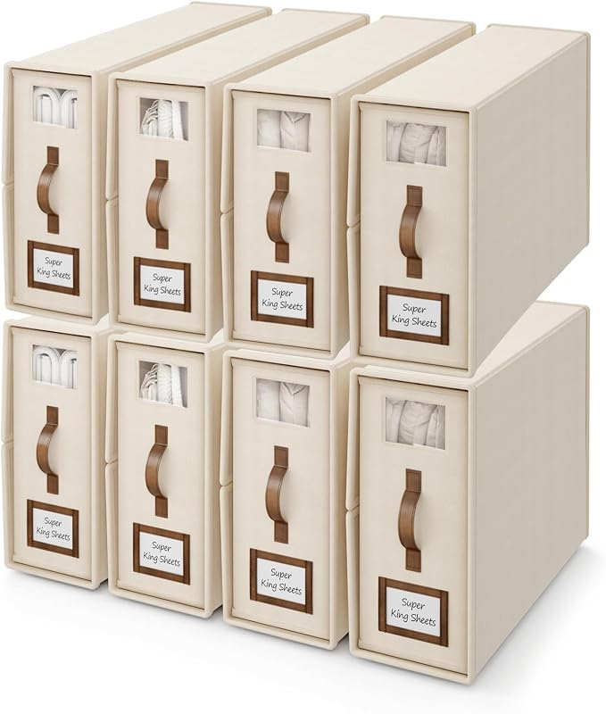8 Pack Foldable Bed Sheets Set Organizers and Storage(Cal King Size),Linen Fabric Closet Organizers with Window,Folding Bedding Storage Box for Bedsheets and Pillow Cube Organizer-Beige