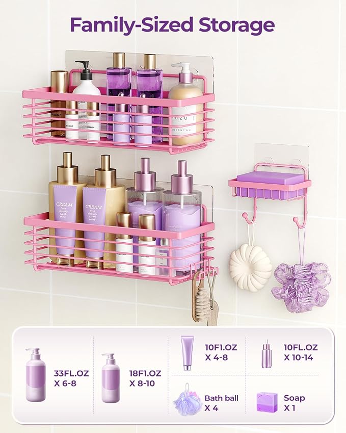 Shower Caddy Adhesive 3 Pack Stainless Steel Storage Organizers-Pink | No drilling wall mounted,rust-resistant,large capacity,quick drainage,easy to clean,suitable for bathrooms and kitchens