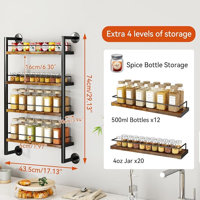 IBUYKE 4 Tier Spice Rack Wall Mount for Kitchen,Brown TLJ016H | Hanging Seasoning Organizer Large Spice Rack for Wall Spice Organization for Kitchen Cabinet Bathroom Pantry Living Room