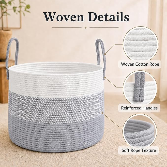 JMvicyroam 115L Extra Large Machine Washable Cotton Rope Blanket Basket | Collapsible laundry hamper, Reinforced handles, For blankets,pillows,toys and clothes, Living room and bedroom,White&Grey Mix