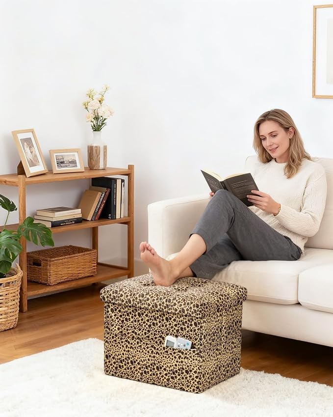 Bsketa Storage Ottoman Bench, 17" Folding Velvet Foot Rest,Leopard Print | Small Ottoman with Side Pockets, Thicker Foam Padded Seat, Livingroom, Dorm, Bedroom, Easy to install, 43L,17x13x13in