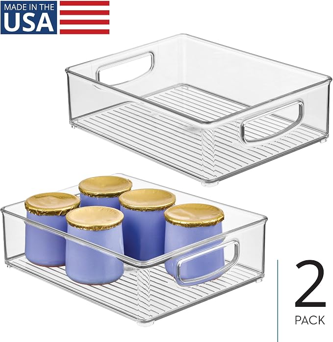 iDesign Plastic Stackable Pantry Bin, Set of 2, Clear | Organizer Bin with Handles, For Cabinets or Fridge