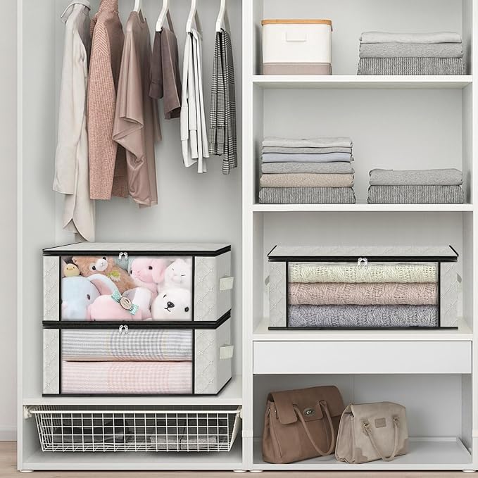 HomeHacks 8-Pack Clothes Organizer Storage Bags, 35L Storage Bins, White | Foldable Storage Box Container with Zippers, Clear Window, Reinforced Handles for Closet, Dorm, Pillows, Bedding, Sweater