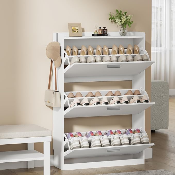 Shoe Cabinet Organizer with 3 Flip Drawers,Narrow Shoe Rack 31.5" W White | Freestanding shoe storage cabinet for entryway,foyer and hallway, space-saving flip drawers,Adjustable Shelves & 2 Hooks