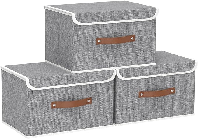 Yawinhe Collapsible Storage Boxes,Grey,10.2x7.9x6.7in,3-Pack | Fabric Storage bin with Lids, Washable Cube Organizer Basket; Container with Leather Handle,Closet Organizer for Home