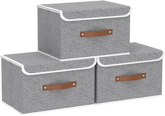 Yawinhe Collapsible Storage Boxes,Grey,10.2x7.9x6.7in,3-Pack | Fabric Storage bin with Lids, Washable Cube Organizer Basket; Container with Leather Handle,Closet Organizer for Home