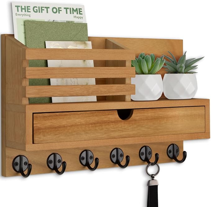 Key Holder Wall Mount, Mail Holder with Storage Drawer and 6 Key Hooks for Coat, Dog Leash, Home Decor Rack, House Accessories, Entry Way Organizer