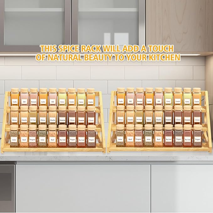 Premium Spice Rack - 3 Tier Bamboo Spice Rack Organizer - Spice Organization for Kitchen Cabinet/Countertop
