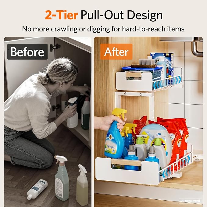 Delamu Under Sink Organizer Kitchen, 2-Tier Pull-Out Cabinet Shelf, 2-Pack | 2-Tier Smooth Slide, 5 Adjustable Heights, Anti-Tip Suction Cups, Sturdy Metal, For Kitchen Bathroom Pantry Laundry, White