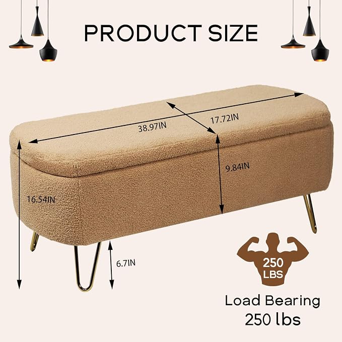 Modern Storage Ottoman Bench, Vintage Boucle Upholstered Entryway Bench, End of Bed Bench with Gold Legs, Padded Bench with Storage for Living Room, Bedroom, Entryway (Camel)