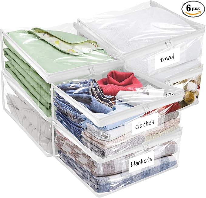 Kikerike Plastic Storage Bags with Easy-Glide Zipper, Pack of 6, Durable Clear Vinyl Zippered Storage Bags for Clothes Sweaters Comforters Blankets Sheets Bedding (14.2 x 12 x 3.2 Inch, White)