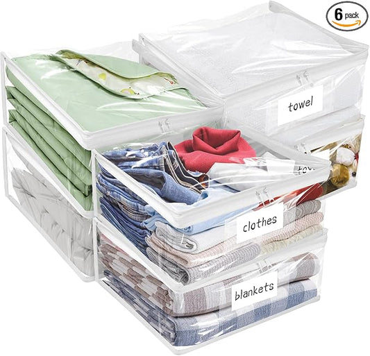 Kikerike Plastic Storage Bags with Easy-Glide Zipper, Pack of 6, Durable Clear Vinyl Zippered Storage Bags for Clothes Sweaters Comforters Blankets Sheets Bedding (24 x 20 x 11 Inch, White)