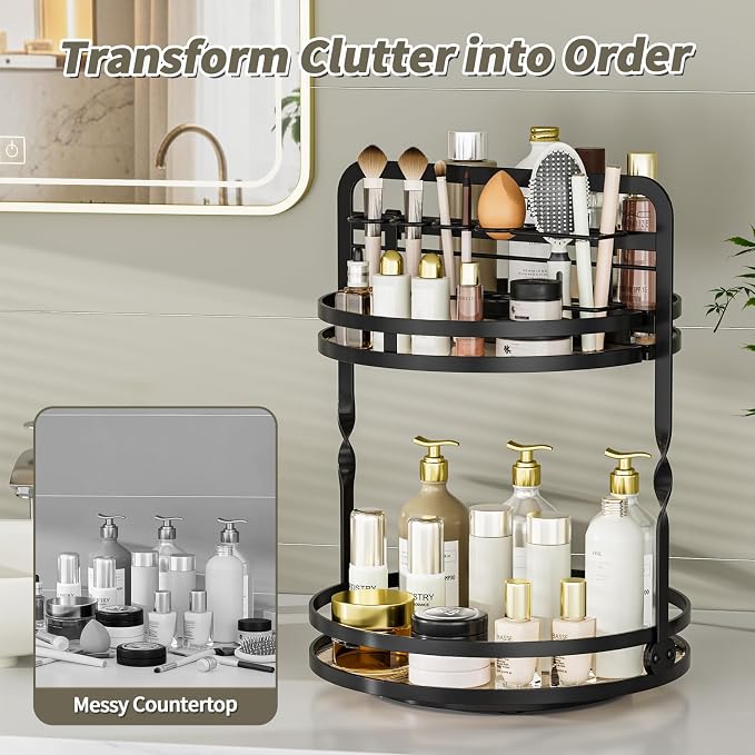 360 Rotating Makeup Organizer,Perfume Organizer, Bathroom Counter Organizer | 2-Tier Large Capacity Gold Vanity Organizer for Dresser,Perfume Shelf with Makeup Brush Holder Stores Skincare and Cosmetics