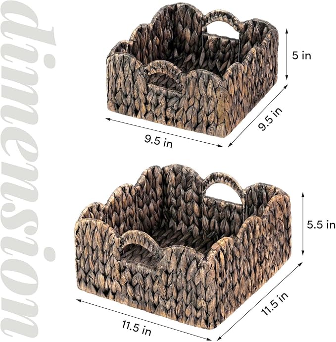 Scalloped Baskets (Natural-Set of 2) Basket Living Room Organizer, Water Hyacinth Baskets For Decor, Woven Basket Boho Style for Bathroom, Bedroom, Laundr,...Iron Frame.