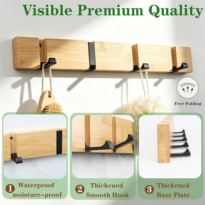 Wall Mounted Coat Rack, Heavy Duty Folding Coat Hooks Wood Retractable Wall Hooks for Hanging Purse Clothes Keys, Towel Hooks Rack for Bathroom Wall Coat Hanger for Entryway (4 Hooks,Nature)