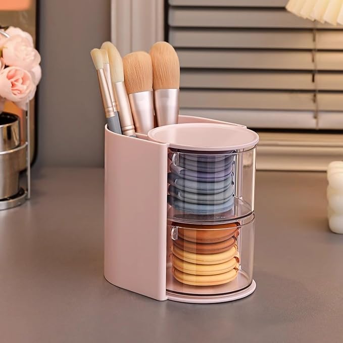 Azurphoric Hair Accessories Organizer with Hair Brush Holder(Pink, 2-Layer) | Rotatable Makeup Brush Holder for Necklaces, Earring, Bracelet, Ring, Makeup Brushes, Hair Clip and Hair Accessories