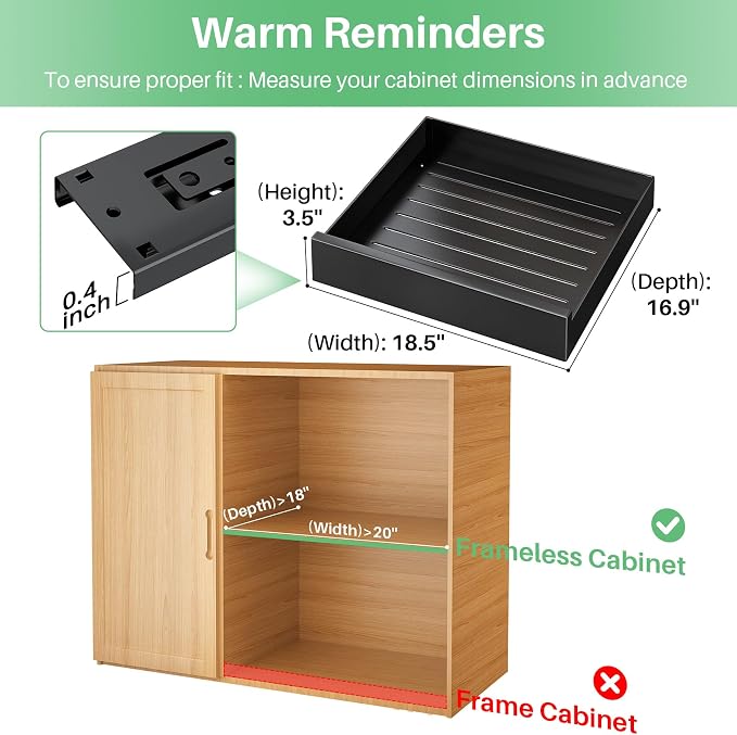 Pull Out Cabinet Organizer with Nano Adhesive, Heavy Duty Full-Extension Slide-Out Drawer for Kitchen Cabinet Organizers and Storage, No Drill Roll out Pantry Shelf, 18.5"W x 16.9"D x 3.1"H , Black