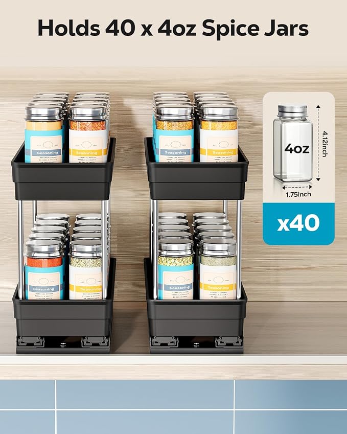 Nieifi 2 Tier Vertical Spice Rack Pull Out for Cabinet-4-1/3 inch Wide | ABS material,spice pull out organizer for cabinet,two installation methods,suitable for cabinets and countertops