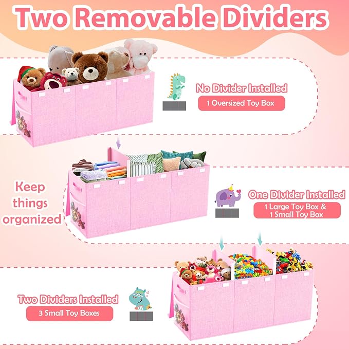 Large Toy Storage Box with Lid & Dividers, Collapsible Kids Toy Chest, Pink | Toy Box for Boys, Girls, Nursery, Bedroom, Living Room, Playroom, 40X14X16 inches