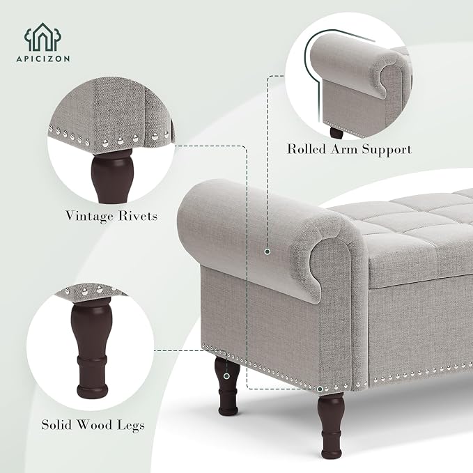 Apicizon 51” Bench with Storage, Upholstered Tufted Button Bedroom Bench with Storage, Linen Ottoman Bench for Bedroom, Living Room, Entryway, Light Gray