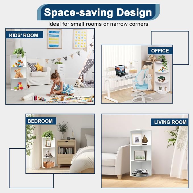 Whitmor 3 Tier Corner Open Shelf, 3 Cube Display Corner Bookshelf, Open Storage Display Bookcase, Storage Cabinet for Living Room, Bedroom, Home, Office, 9.3" L x 12" W x 31.5" H, White