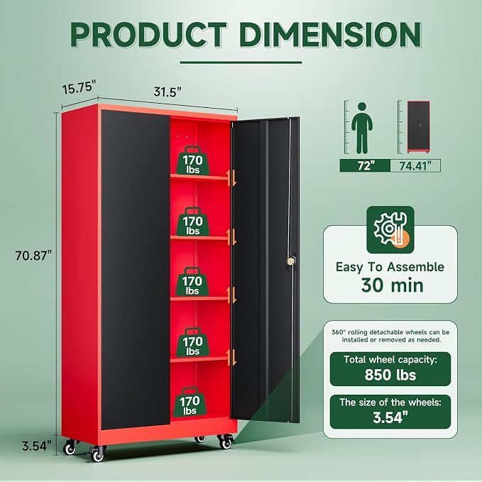 Letaya Metal Garage Storage Cabinets with Lock Door and Adjustable Shelves, Steel Tool Cabinets for Home,Office,Warehouse Organisieren (Black Red, 75" H)